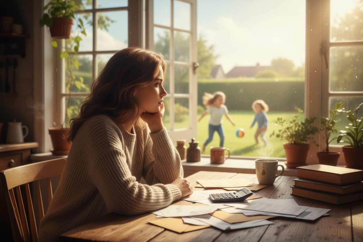 a 21 yrs. old young lady sitting at the kitchen table with bills on top of the table while she is looking out the kitchen window at some kids playing