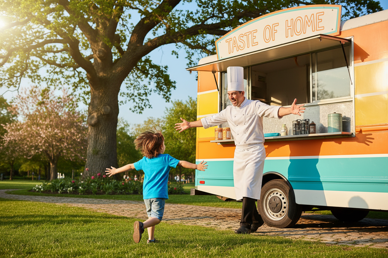 a chef stepping out of his foodtruck and going to pick up his son to play with him